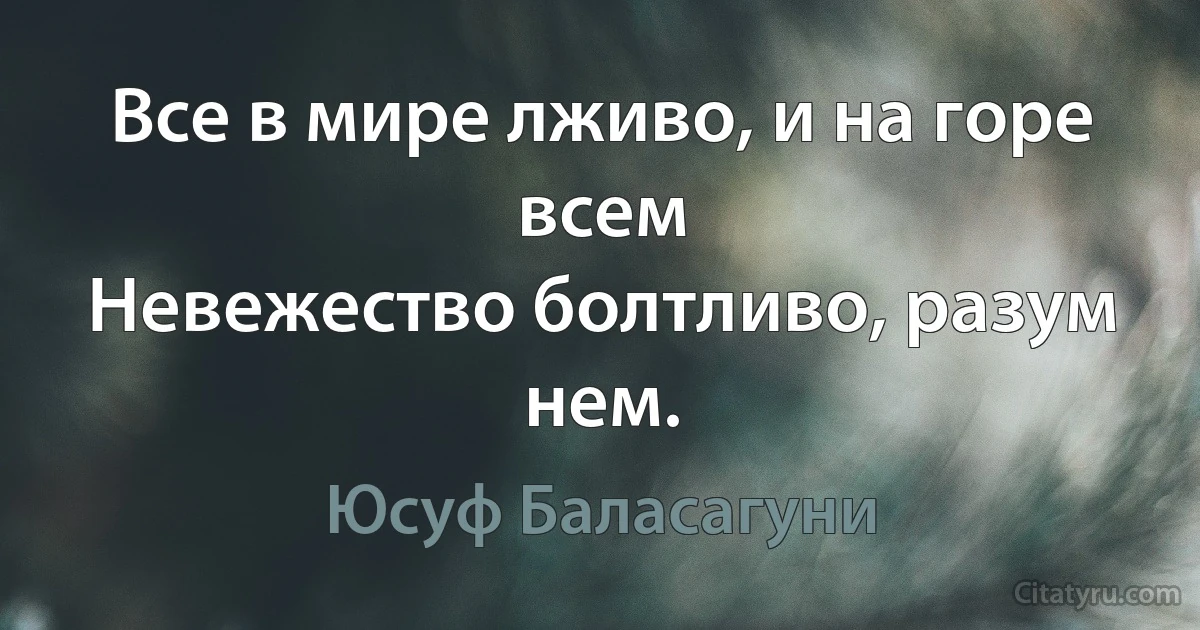 Все в мире лживо, и на горе всем
Невежество болтливо, разум нем. (Юсуф Баласагуни)