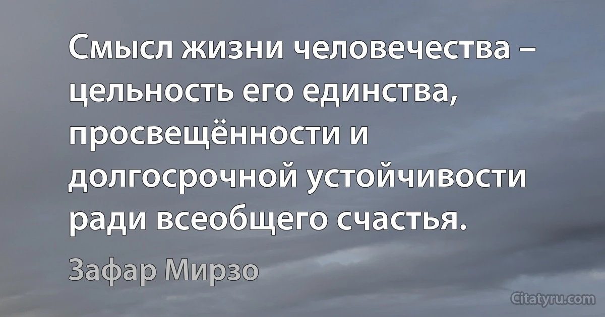 Смысл жизни человечества – цельность его единства, просвещённости и долгосрочной устойчивости ради всеобщего счастья. (Зафар Мирзо)