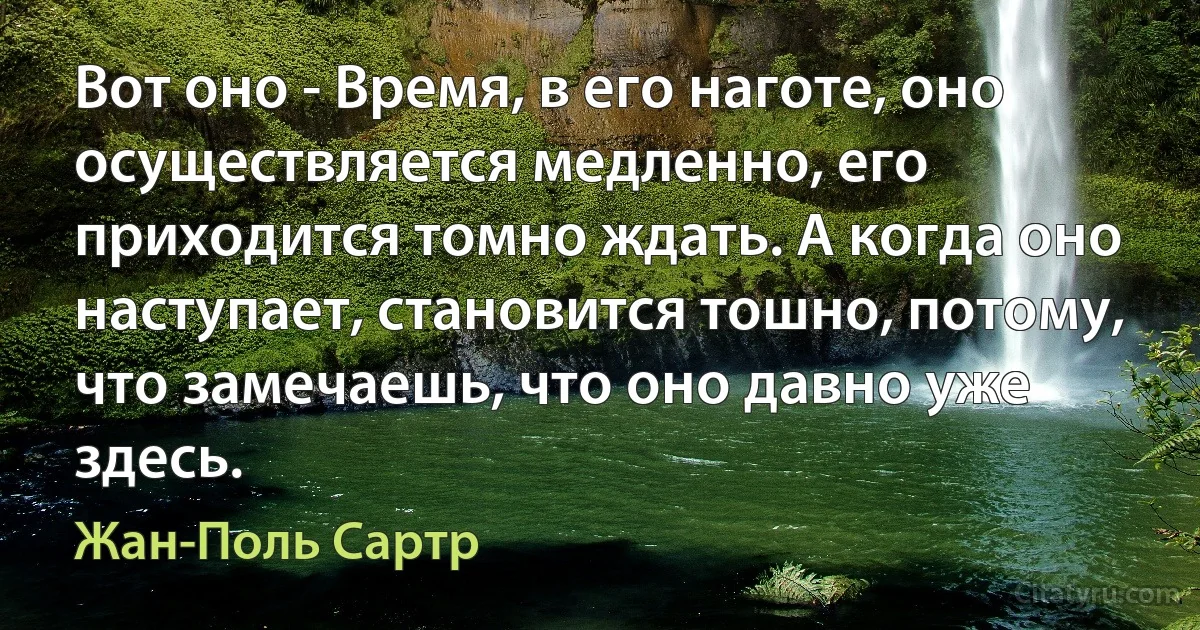 Вот оно - Время, в его наготе, оно осуществляется медленно, его приходится томно ждать. А когда оно наступает, становится тошно, потому, что замечаешь, что оно давно уже здесь. (Жан-Поль Сартр)