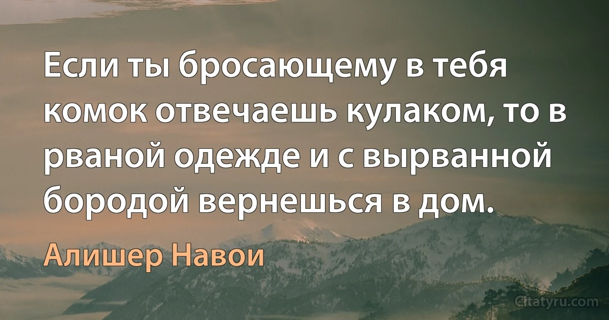 Если ты бросающему в тебя комок отвечаешь кулаком, то в рваной одежде и с вырванной бородой вернешься в дом. (Алишер Навои)