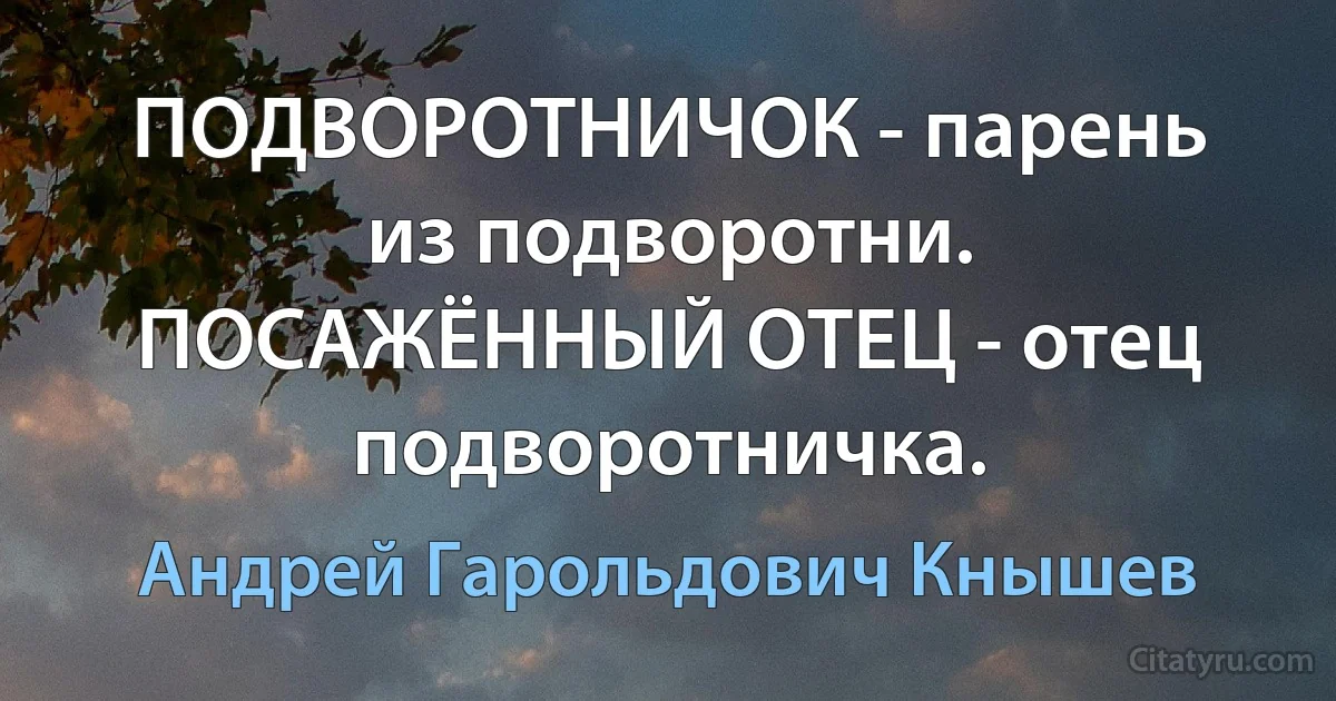 ПОДВОРОТНИЧОК - парень из подворотни. ПОСАЖЁННЫЙ ОТЕЦ - отец подворотничка. (Андрей Гарольдович Кнышев)