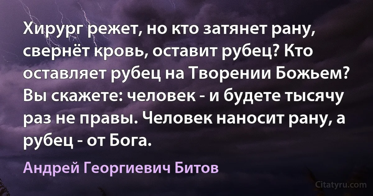 Хирург режет, но кто затянет рану, свернёт кровь, оставит рубец? Кто оставляет рубец на Творении Божьем? Вы скажете: человек - и будете тысячу раз не правы. Человек наносит рану, а рубец - от Бога. (Андрей Георгиевич Битов)