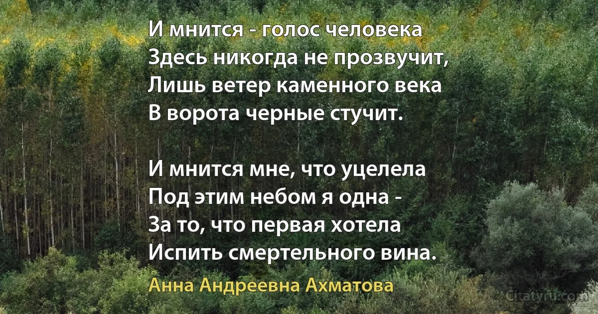 И мнится - голос человека 
Здесь никогда не прозвучит, 
Лишь ветер каменного века 
В ворота черные стучит. 

И мнится мне, что уцелела 
Под этим небом я одна - 
За то, что первая хотела 
Испить смертельного вина. (Анна Андреевна Ахматова)