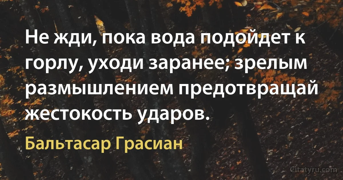 Не жди, пока вода подойдет к горлу, уходи заранее; зрелым размышлением предотвращай жестокость ударов. (Бальтасар Грасиан)