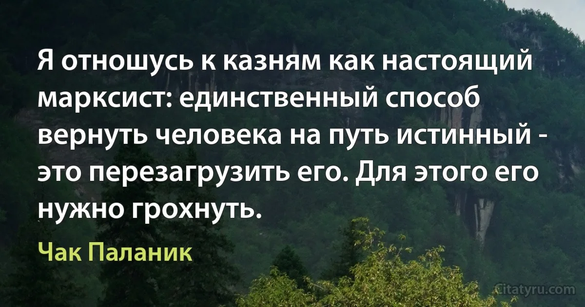 Я отношусь к казням как настоящий марксист: единственный способ вернуть человека на путь истинный - это перезагрузить его. Для этого его нужно грохнуть. (Чак Паланик)