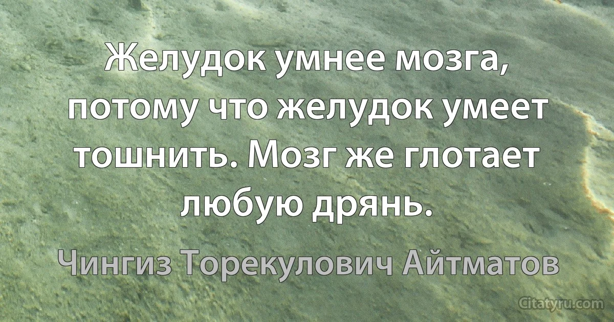 Желудок умнее мозга, потому что желудок умеет тошнить. Мозг же глотает любую дрянь. (Чингиз Торекулович Айтматов)