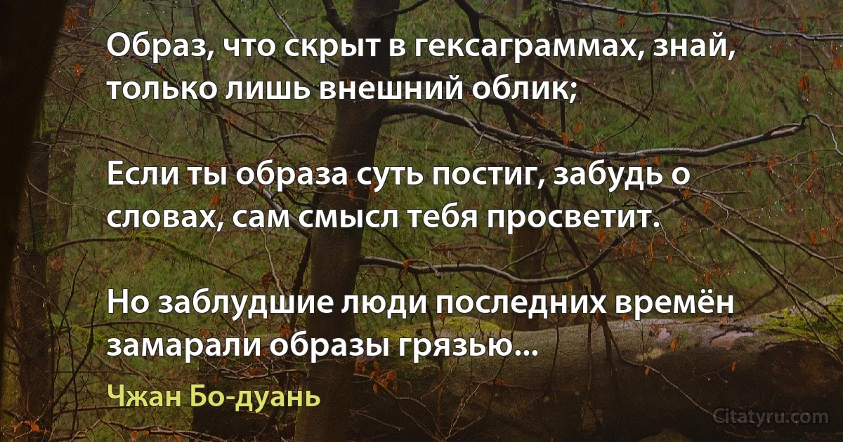 Образ, что скрыт в гексаграммах, знай, только лишь внешний облик;

Если ты образа суть постиг, забудь о словах, сам смысл тебя просветит.

Но заблудшие люди последних времён замарали образы грязью... (Чжан Бо-дуань)