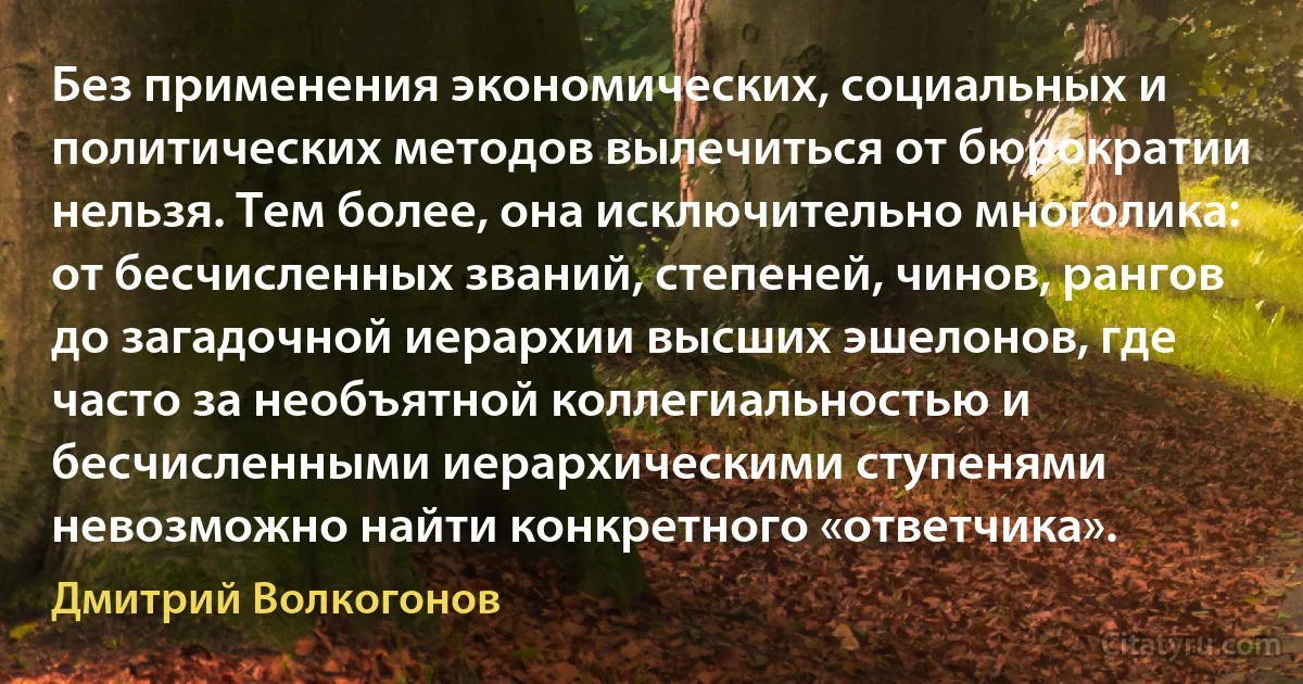 Без применения экономических, социальных и политических методов вылечиться от бюрократии нельзя. Тем более, она исключительно многолика: от бесчисленных званий, степеней, чинов, рангов до загадочной иерархии высших эшелонов, где часто за необъятной коллегиальностью и бесчисленными иерархическими ступенями невозможно найти конкретного «ответчика». (Дмитрий Волкогонов)