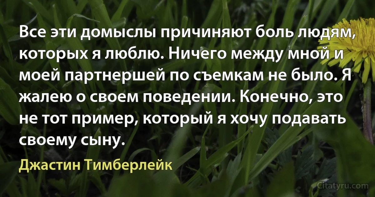 Все эти домыслы причиняют боль людям, которых я люблю. Ничего между мной и моей партнершей по съемкам не было. Я жалею о своем поведении. Конечно, это не тот пример, который я хочу подавать своему сыну. (Джастин Тимберлейк)