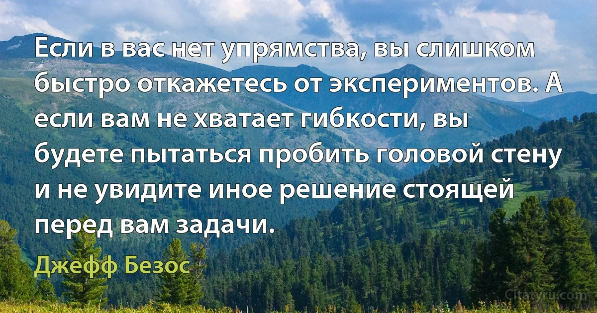 Если в вас нет упрямства, вы слишком быстро откажетесь от экспериментов. А если вам не хватает гибкости, вы будете пытаться пробить головой стену и не увидите иное решение стоящей перед вам задачи. (Джефф Безос)