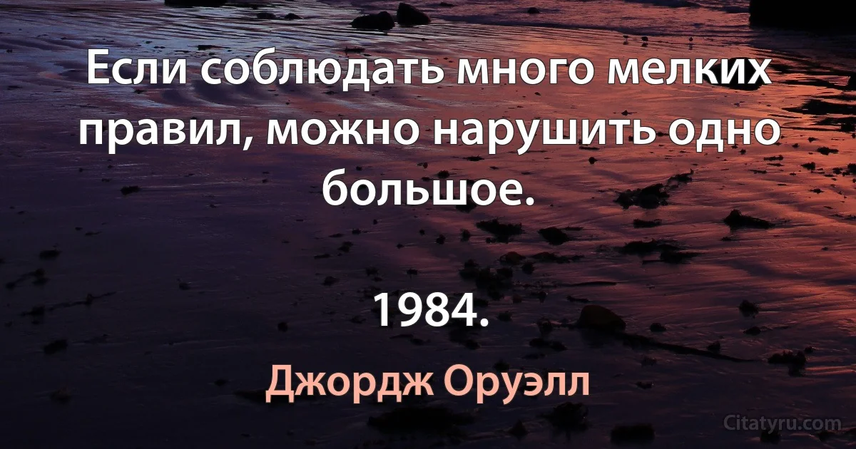 Если соблюдать много мелких правил, можно нарушить одно большое.

1984. (Джордж Оруэлл)