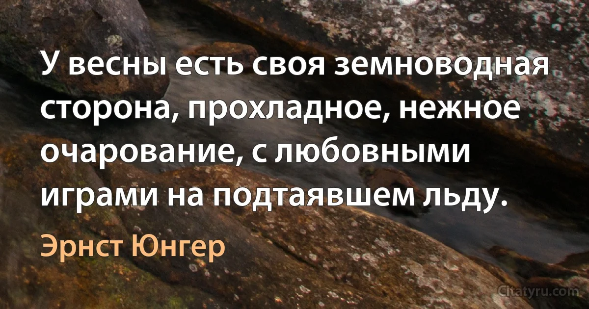 У весны есть своя земноводная сторона, прохладное, нежное очарование, с любовными играми на подтаявшем льду. (Эрнст Юнгер)