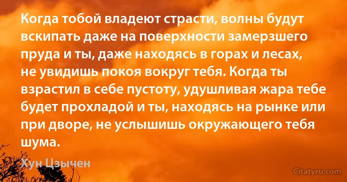 Когда тобой владеют страсти, волны будут вскипать даже на поверхности замерзшего пруда и ты, даже находясь в горах и лесах, не увидишь покоя вокруг тебя. Когда ты взрастил в себе пустоту, удушливая жара тебе будет прохладой и ты, находясь на рынке или при дворе, не услышишь окружающего тебя шума. (Хун Цзычен)