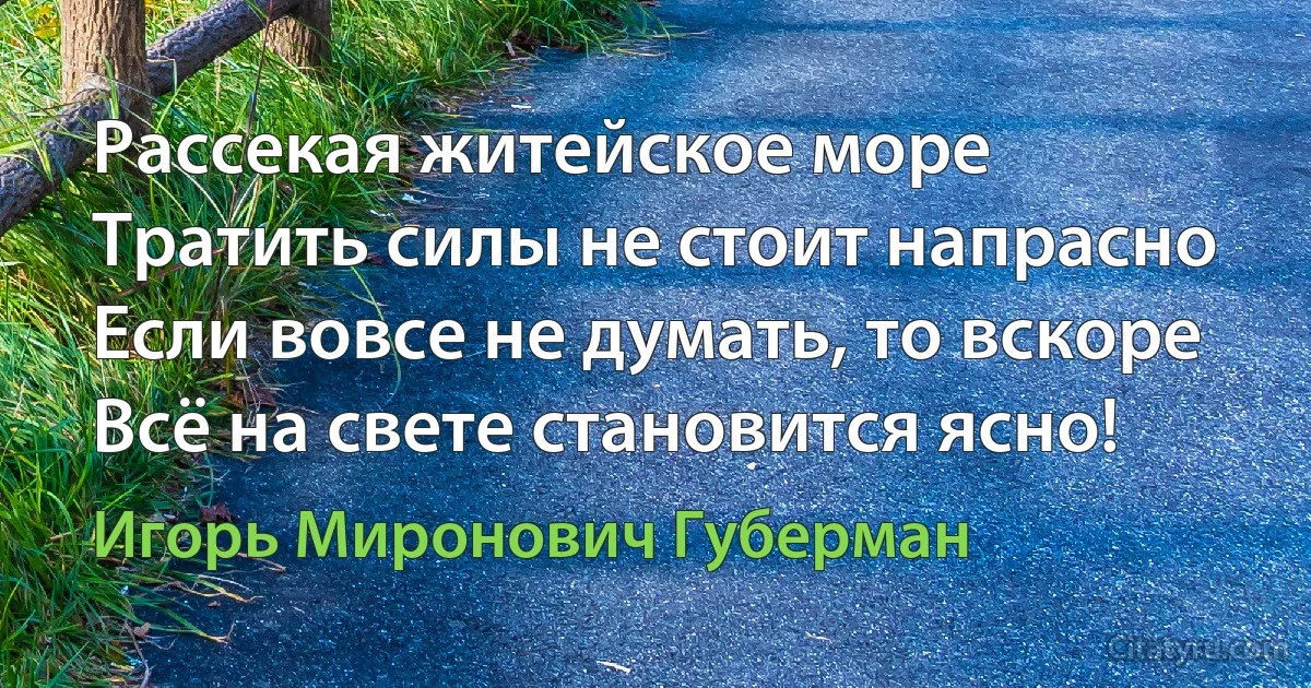 Рассекая житейское море
Тратить силы не стоит напрасно
Если вовсе не думать, то вскоре
Всё на свете становится ясно! (Игорь Миронович Губерман)