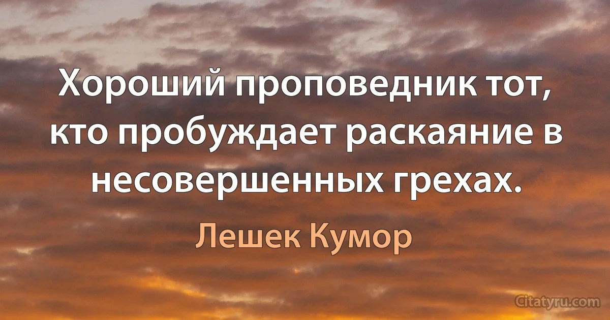 Хороший проповедник тот, кто пробуждает раскаяние в несовершенных грехах. (Лешек Кумор)