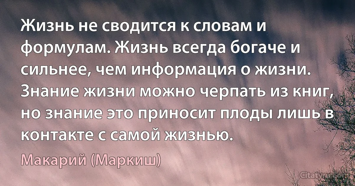 Жизнь не сводится к словам и формулам. Жизнь всегда богаче и сильнее, чем информация о жизни. Знание жизни можно черпать из книг, но знание это приносит плоды лишь в контакте с самой жизнью. (Макарий (Маркиш))