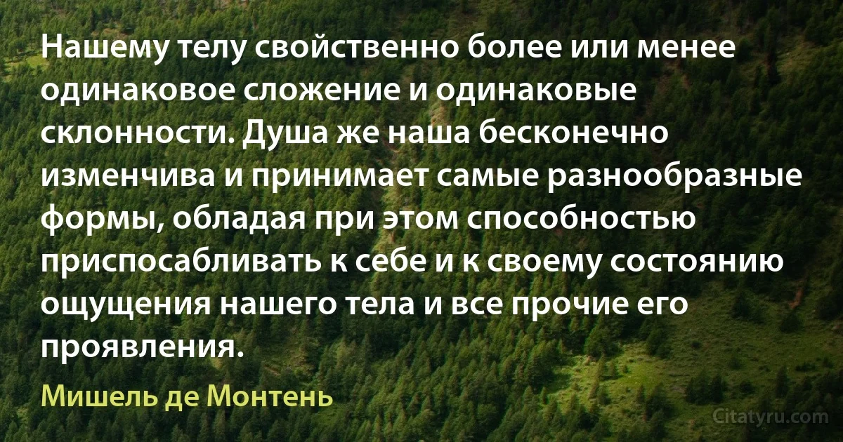 Нашему телу свойственно более или менее одинаковое сложение и одинаковые склонности. Душа же наша бесконечно изменчива и принимает самые разнообразные формы, обладая при этом способностью приспосабливать к себе и к своему состоянию ощущения нашего тела и все прочие его проявления. (Мишель де Монтень)