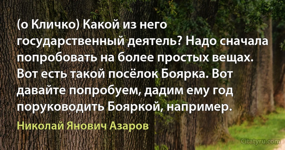 (о Кличко) Какой из него государственный деятель? Надо сначала попробовать на более простых вещах. Вот есть такой посёлок Боярка. Вот давайте попробуем, дадим ему год поруководить Бояркой, например. (Николай Янович Азаров)