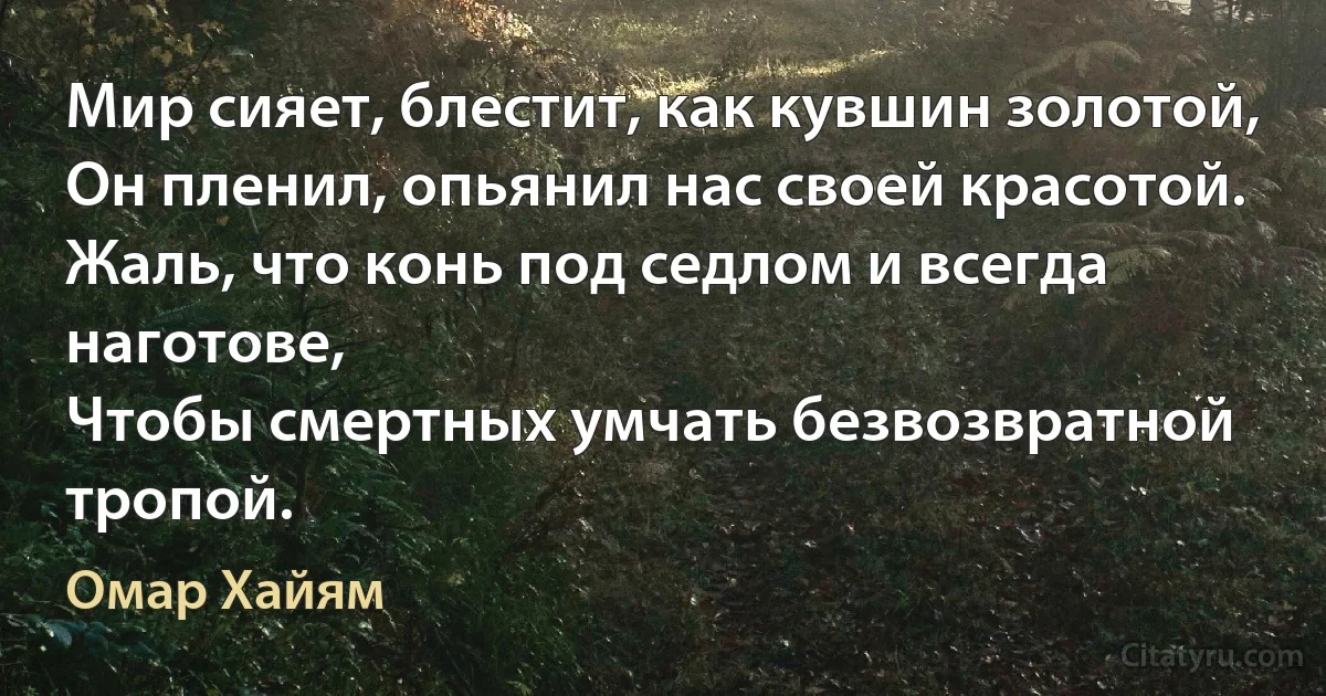 Мир сияет, блестит, как кувшин золотой,
Он пленил, опьянил нас своей красотой.
Жаль, что конь под седлом и всегда наготове,
Чтобы смертных умчать безвозвратной тропой. (Омар Хайям)