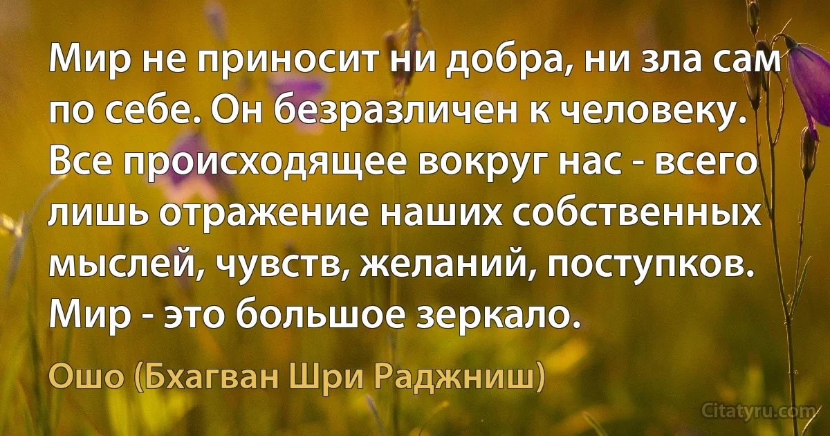 Мир не приносит ни добра, ни зла сам по себе. Он безразличен к человеку. Все происходящее вокруг нас - всего лишь отражение наших собственных мыслей, чувств, желаний, поступков. Мир - это большое зеркало. (Ошо (Бхагван Шри Раджниш))