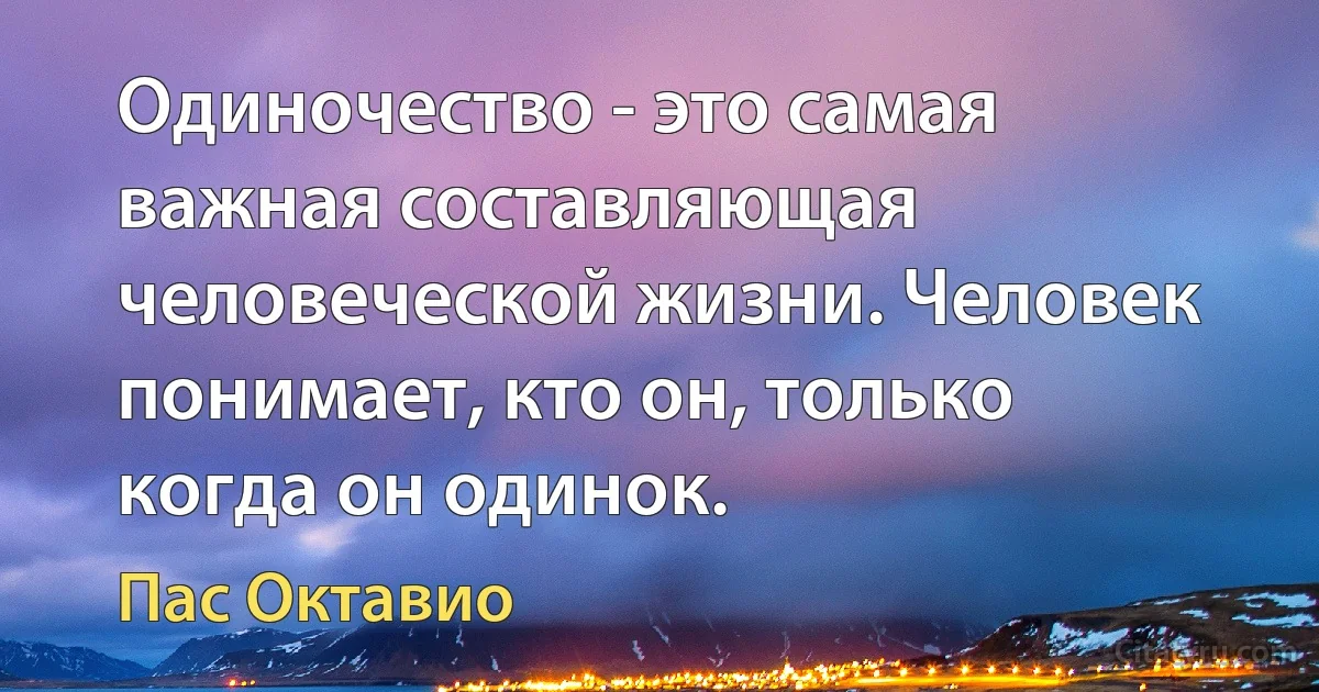 Одиночество - это самая важная составляющая человеческой жизни. Человек понимает, кто он, только когда он одинок. (Пас Октавио)