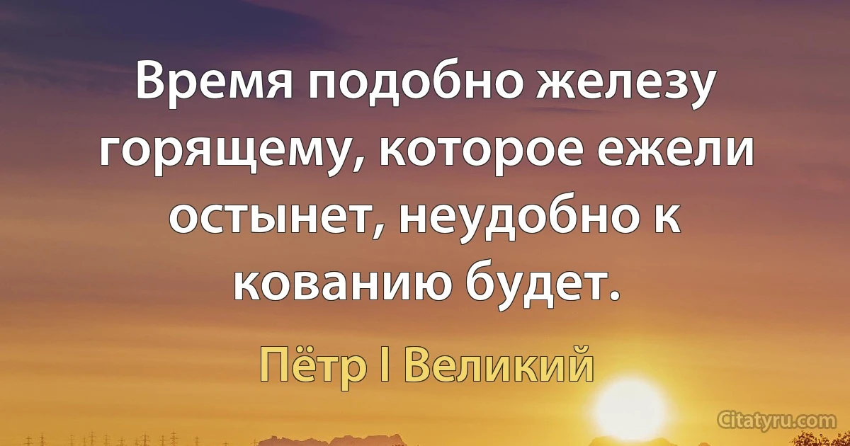 Время подобно железу горящему, которое ежели остынет, неудобно к кованию будет. (Пётр I Великий)