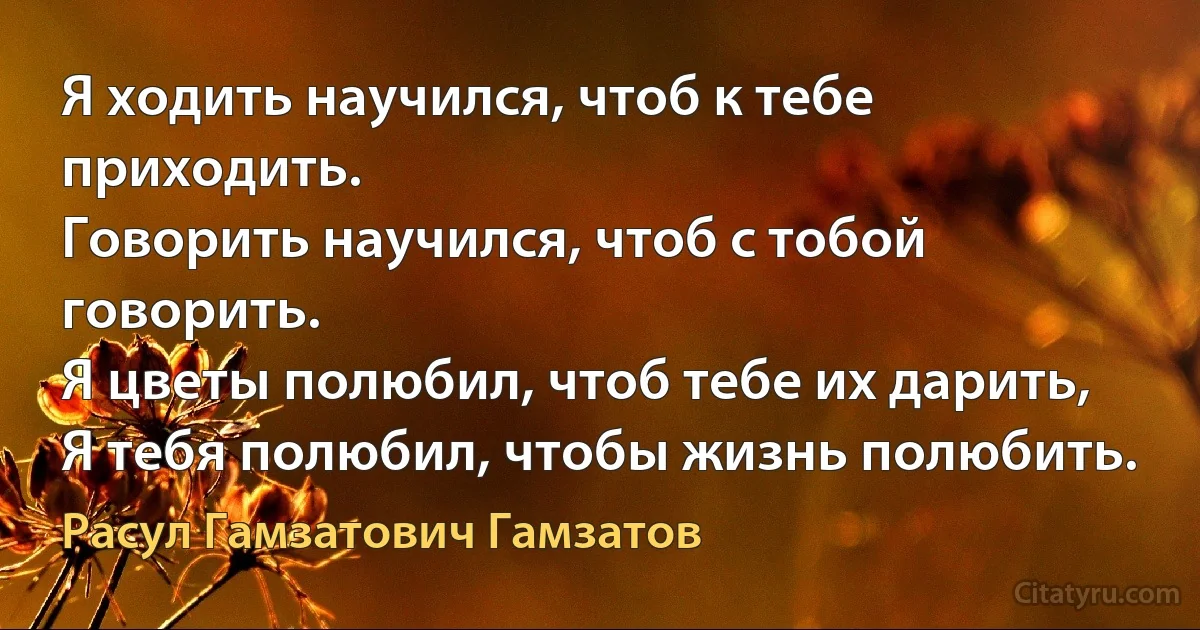 Я ходить научился, чтоб к тебе приходить.
Говорить научился, чтоб с тобой говорить.
Я цветы полюбил, чтоб тебе их дарить,
Я тебя полюбил, чтобы жизнь полюбить. (Расул Гамзатович Гамзатов)