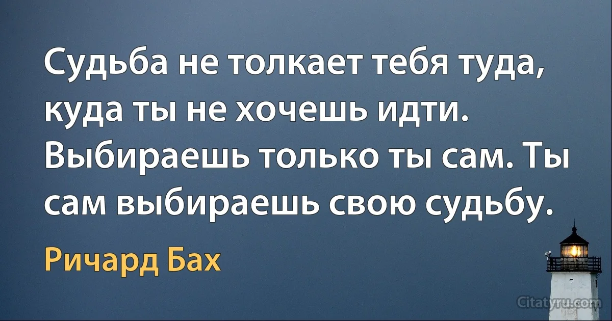 Судьба не толкает тебя туда, куда ты не хочешь идти. Выбираешь только ты сам. Ты сам выбираешь свою судьбу. (Ричард Бах)