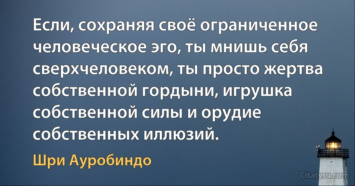 Если, сохраняя своё ограниченное человеческое эго, ты мнишь себя сверхчеловеком, ты просто жертва собственной гордыни, игрушка собственной силы и орудие собственных иллюзий. (Шри Ауробиндо)