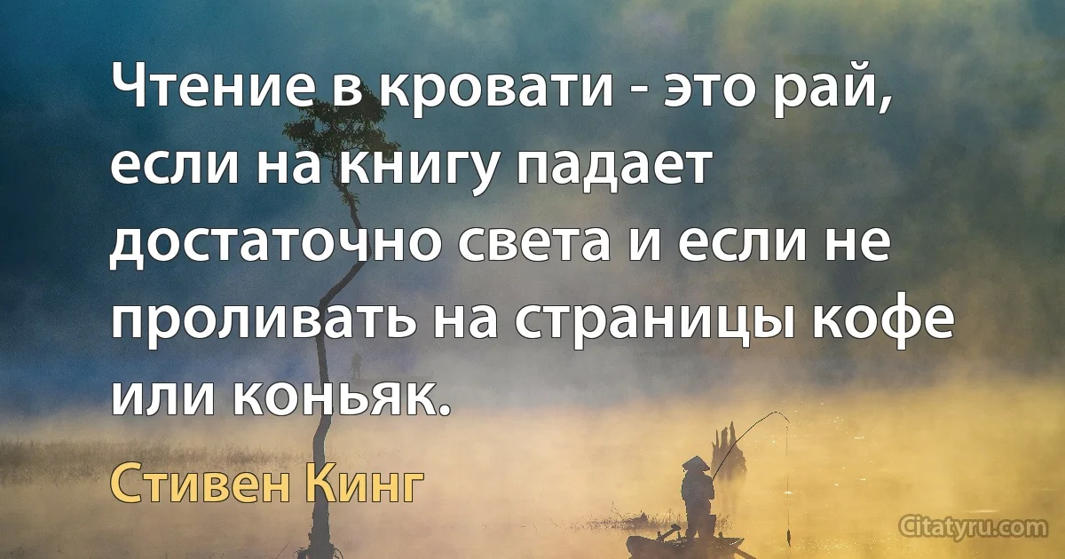 Чтение в кровати - это рай, если на книгу падает достаточно света и если не проливать на страницы кофе или коньяк. (Стивен Кинг)