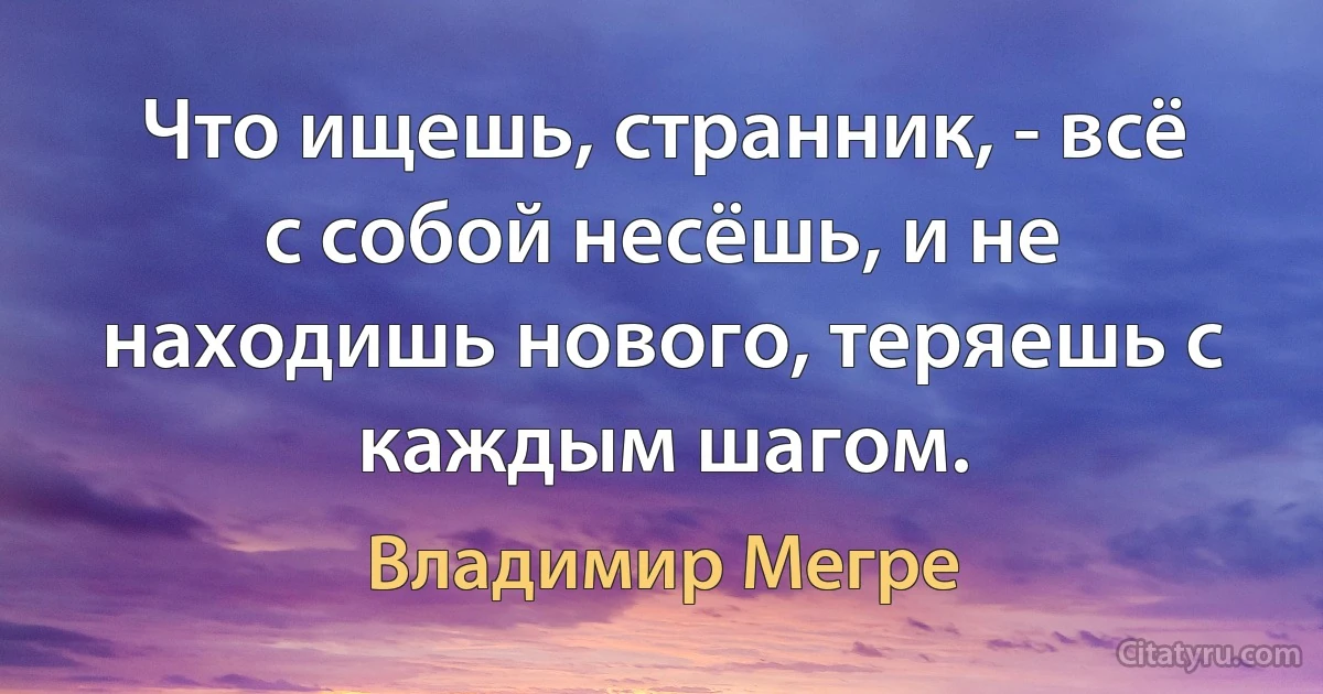 Что ищешь, странник, - всё с собой несёшь, и не находишь нового, теряешь с каждым шагом. (Владимир Мегре)