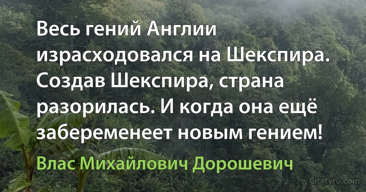 Весь гений Англии израсходовался на Шекспира. Создав Шекспира, страна разорилась. И когда она ещё забеременеет новым гением! (Влас Михайлович Дорошевич)