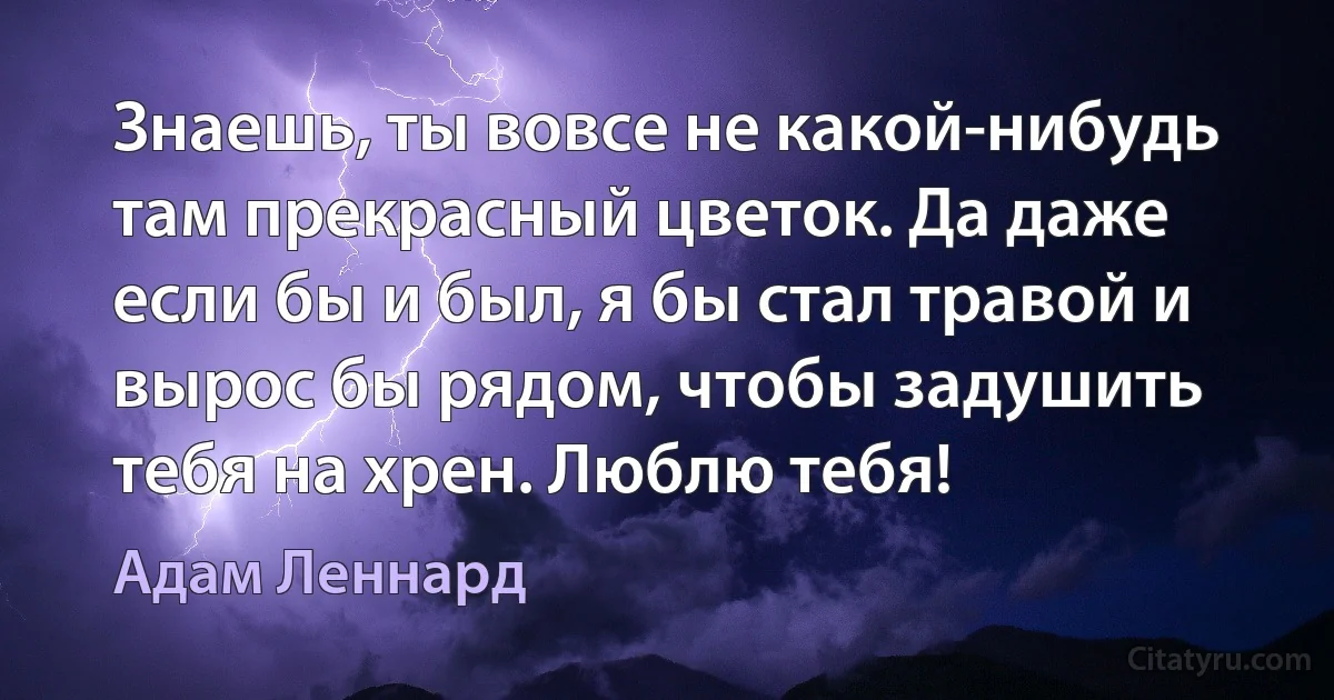 Знаешь, ты вовсе не какой-нибудь там прекрасный цветок. Да даже если бы и был, я бы стал травой и вырос бы рядом, чтобы задушить тебя на хрен. Люблю тебя! (Адам Леннард)