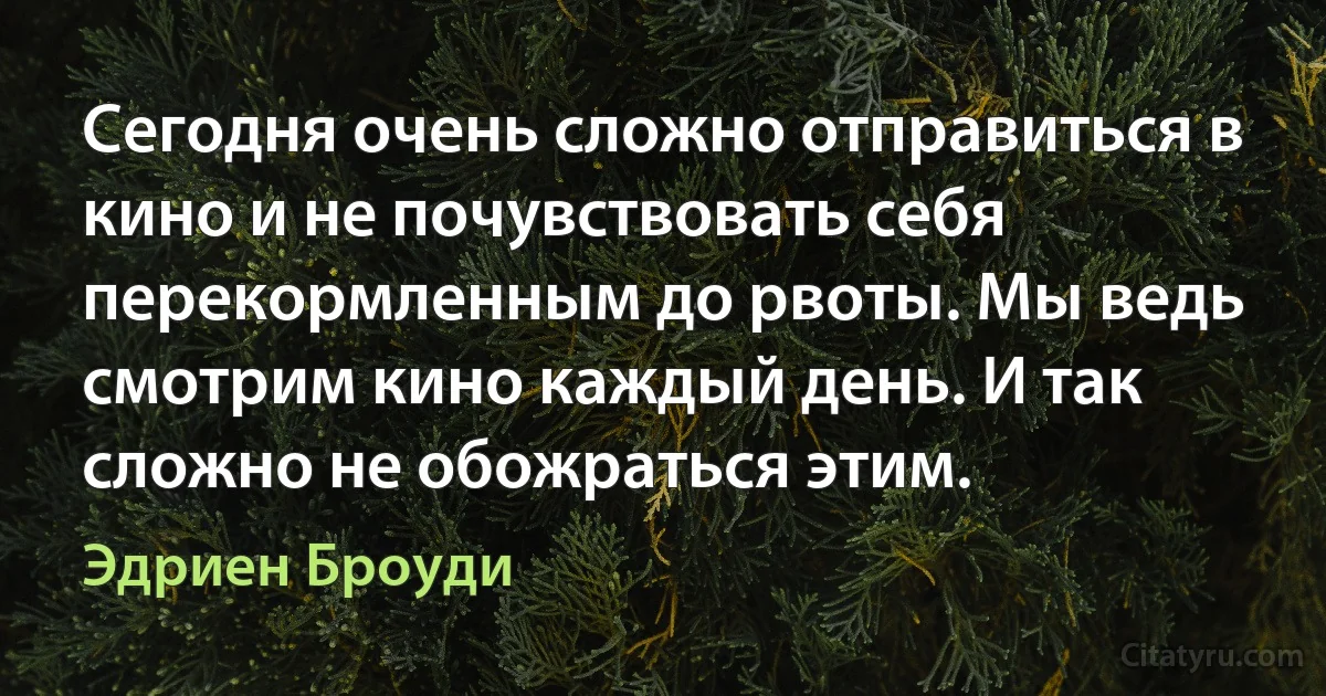 Сегодня очень сложно отправиться в кино и не почувствовать себя перекормленным до рвоты. Мы ведь смотрим кино каждый день. И так сложно не обожраться этим. (Эдриен Броуди)