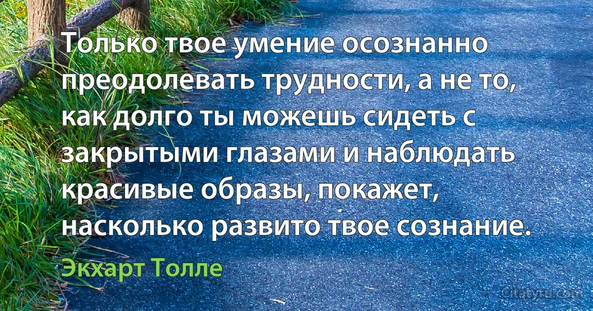 Только твое умение осознанно преодолевать трудности, а не то, как долго ты можешь сидеть с закрытыми глазами и наблюдать красивые образы, покажет, насколько развито твое сознание. (Экхарт Толле)