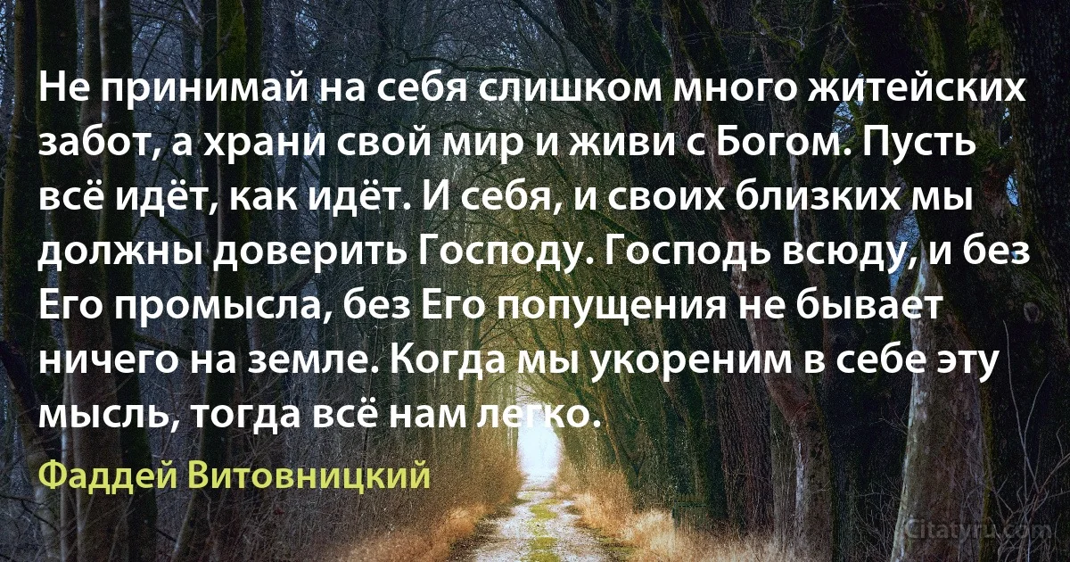 Не принимай на себя слишком много житейских забот, а храни свой мир и живи с Богом. Пусть всё идёт, как идёт. И себя, и своих близких мы должны доверить Господу. Господь всюду, и без Его промысла, без Его попущения не бывает ничего на земле. Когда мы укореним в себе эту мысль, тогда всё нам легко. (Фаддей Витовницкий)