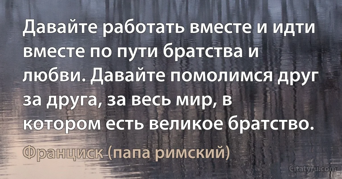 Давайте работать вместе и идти вместе по пути братства и любви. Давайте помолимся друг за друга, за весь мир, в котором есть великое братство. (Франциск (папа римский))