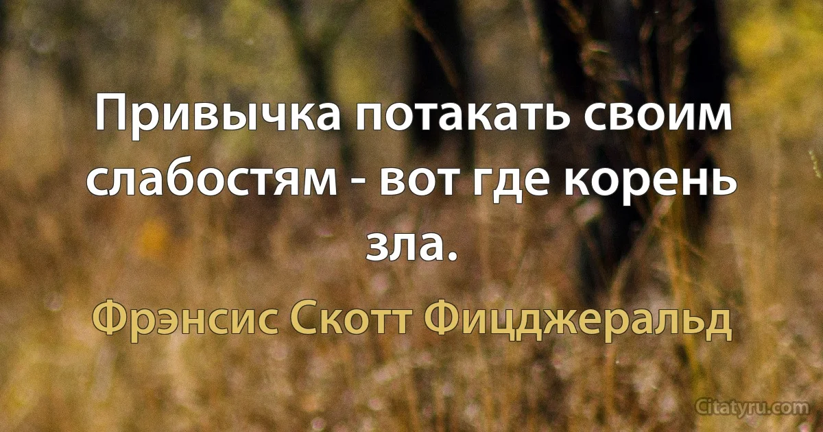 Привычка потакать своим слабостям - вот где корень зла. (Фрэнсис Скотт Фицджеральд)