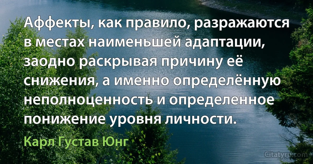 Аффекты, как правило, разражаются в местах наименьшей адаптации, заодно раскрывая причину её снижения, а именно определённую неполноценность и определенное понижение уровня личности. (Карл Густав Юнг)