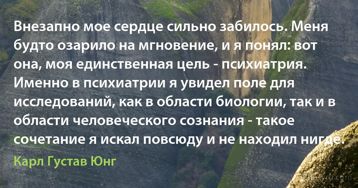 Внезапно мое сердце сильно забилось. Меня будто озарило на мгновение, и я понял: вот она, моя единственная цель - психиатрия. Именно в психиатрии я увидел поле для исследований, как в области биологии, так и в области человеческого сознания - такое сочетание я искал повсюду и не находил нигде. (Карл Густав Юнг)