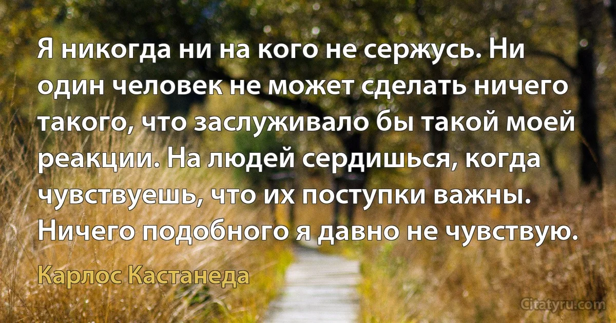 Я никогда ни на кого не сержусь. Ни один человек не может сделать ничего такого, что заслуживало бы такой моей реакции. На людей сердишься, когда чувствуешь, что их поступки важны. Ничего подобного я давно не чувствую. (Карлос Кастанеда)