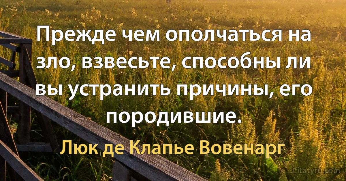 Прежде чем ополчаться на зло, взвесьте, способны ли вы устранить причины, его породившие. (Люк де Клапье Вовенарг)