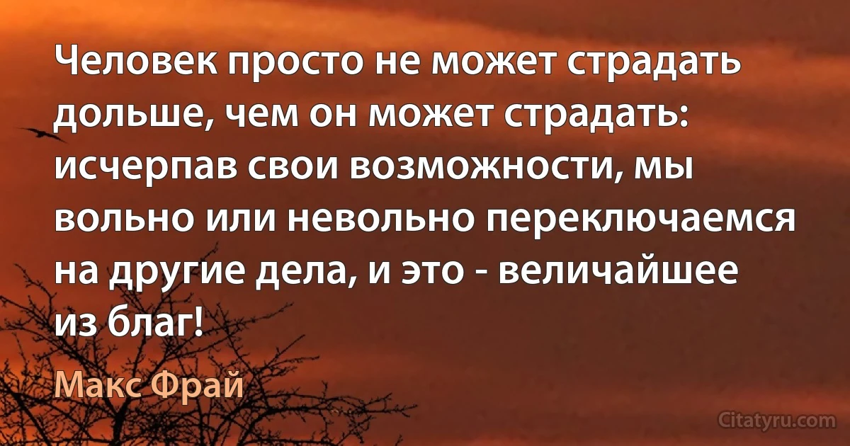 Человек просто не может страдать дольше, чем он может страдать: исчерпав свои возможности, мы вольно или невольно переключаемся на другие дела, и это - величайшее из благ! (Макс Фрай)