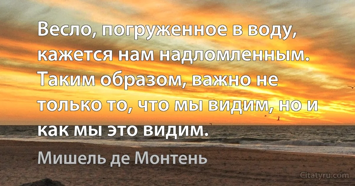 Весло, погруженное в воду, кажется нам надломленным. Таким образом, важно не только то, что мы видим, но и как мы это видим. (Мишель де Монтень)