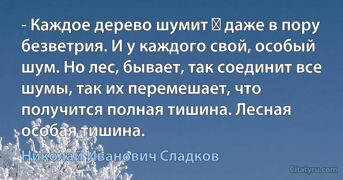 - Каждое дерево шумит ― даже в пору безветрия. И у каждого свой, особый шум. Но лес, бывает, так соединит все шумы, так их перемешает, что получится полная тишина. Лесная особая тишина. (Николай Иванович Сладков)