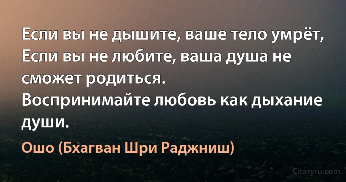 Если вы не дышите, ваше тело умрёт,
Если вы не любите, ваша душа не сможет родиться.
Воспринимайте любовь как дыхание души. (Ошо (Бхагван Шри Раджниш))