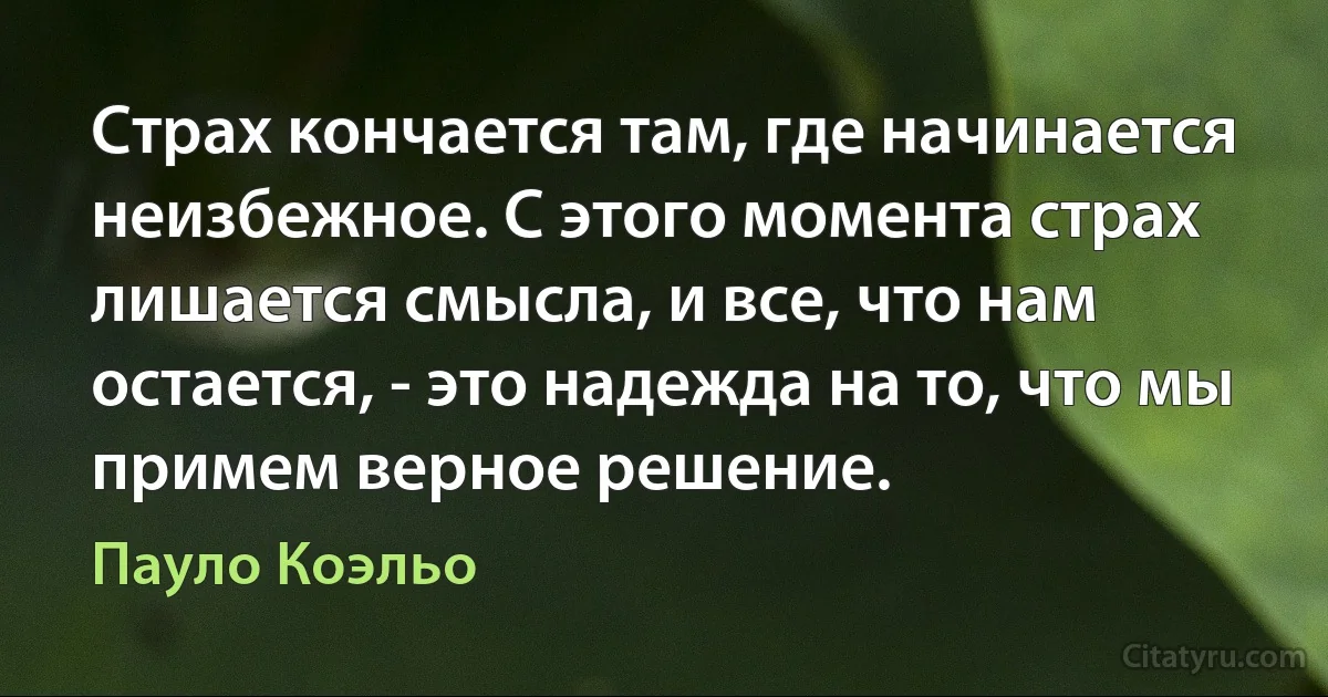 Страх кончается там, где начинается неизбежное. С этого момента страх лишается смысла, и все, что нам остается, - это надежда на то, что мы примем верное решение. (Пауло Коэльо)