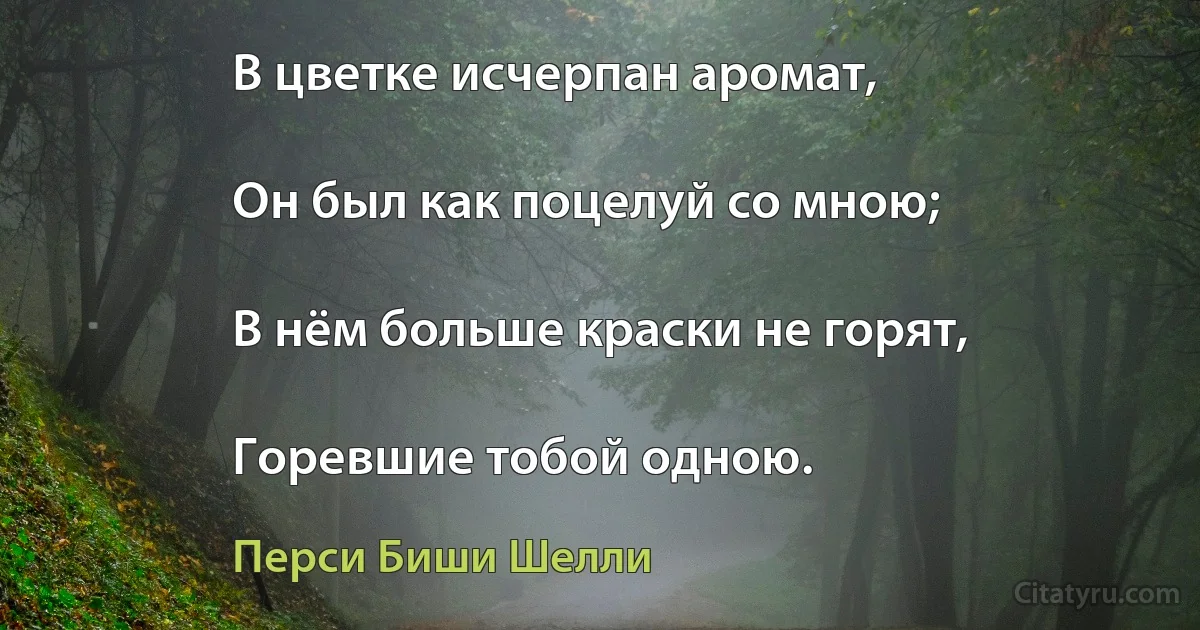 В цветке исчерпан аромат,

Он был как поцелуй со мною;

В нём больше краски не горят,

Горевшие тобой одною. (Перси Биши Шелли)