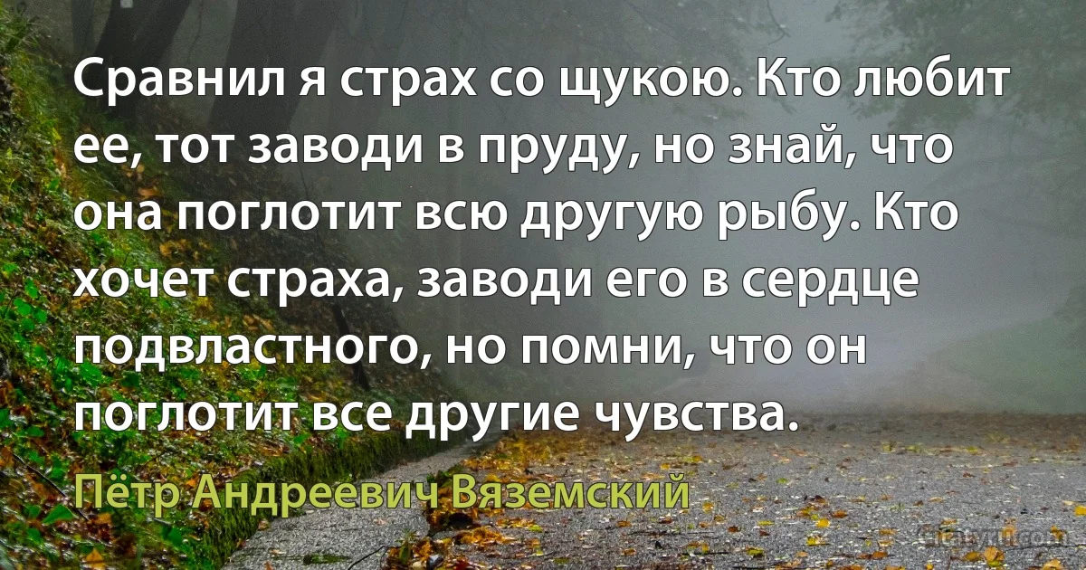 Сравнил я страх со щукою. Кто любит ее, тот заводи в пруду, но знай, что она поглотит всю другую рыбу. Кто хочет страха, заводи его в сердце подвластного, но помни, что он поглотит все другие чувства. (Пётр Андреевич Вяземский)