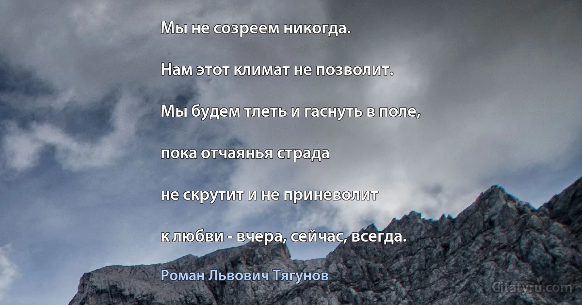 Мы не созреем никогда.

Нам этот климат не позволит.

Мы будем тлеть и гаснуть в поле,

пока отчаянья страда

не скрутит и не приневолит

к любви - вчера, сейчас, всегда. (Роман Львович Тягунов)